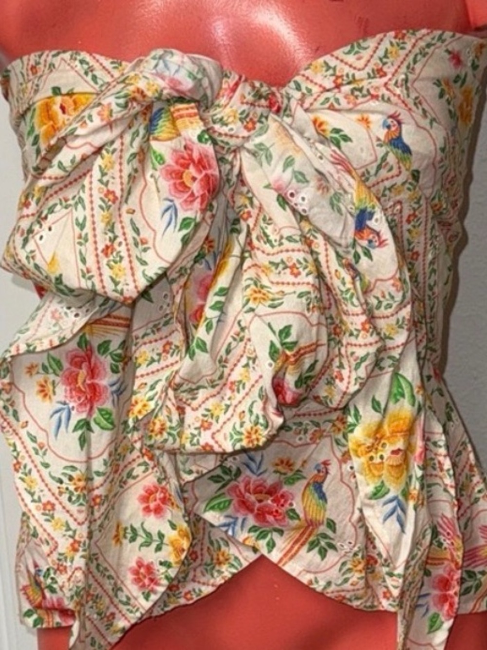 FARM Rio Floral Tie-Front Strapless Camisole in Cream, Pink, Yellow, Green, Blue